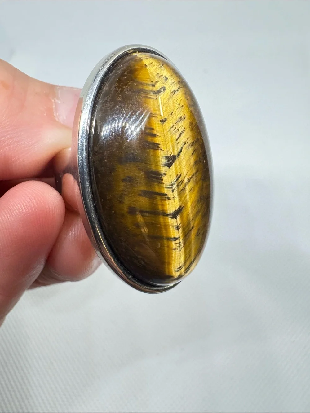 Large Genuine Tiger’s Eye Oval Statement Ring Silver Tone Size 6.5